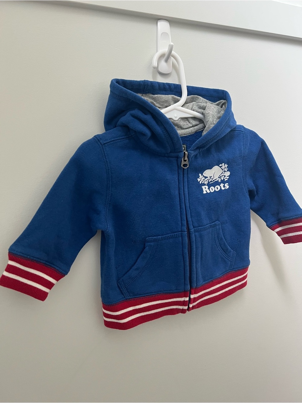Roots Toddler Soft Blue Zip Hoodie with Red-Striped Trim - Picture 4 of 9